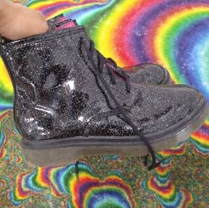 Black patent combat boots with rainbow sparkles ✨